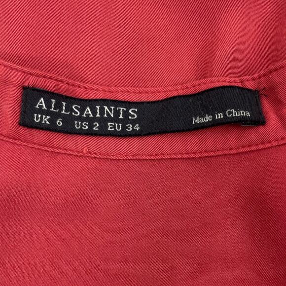 All Saints Sanko Drawstring Tie Mini Shirt Dress Crimson Orange Size 2 - Picture 7 of 7